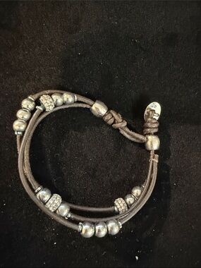 Fossil Black Leather Wrap Bracelet with Silver Accents